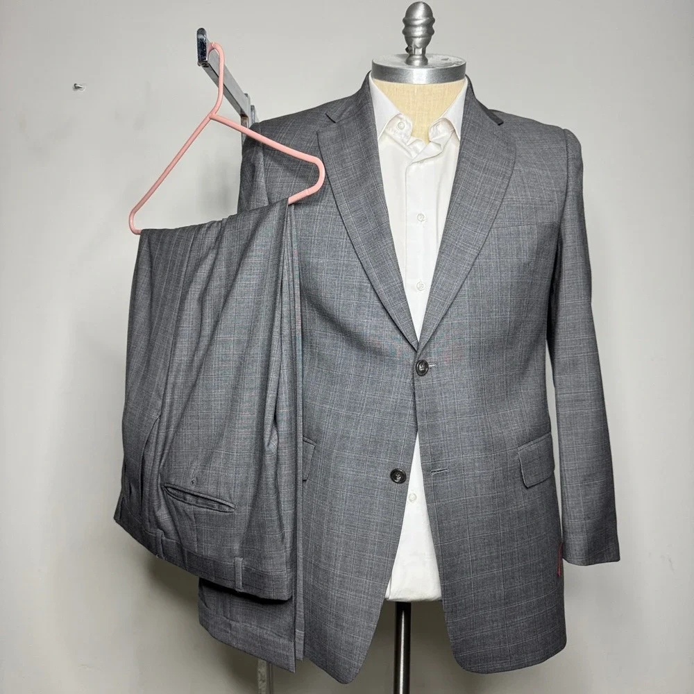 Hart Schaffner Marx Gold Mens Two Piece Suit‎ 42L 34W Grey Plaid Wool
